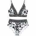 Black/white floral V-neck bikini set, adjustable straps, high-rise briefs