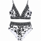Black/white floral V-neck bikini set, adjustable straps, high-rise briefs