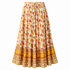 Bohemian floral A-line skirt, high waist, button placket, tiered border hem