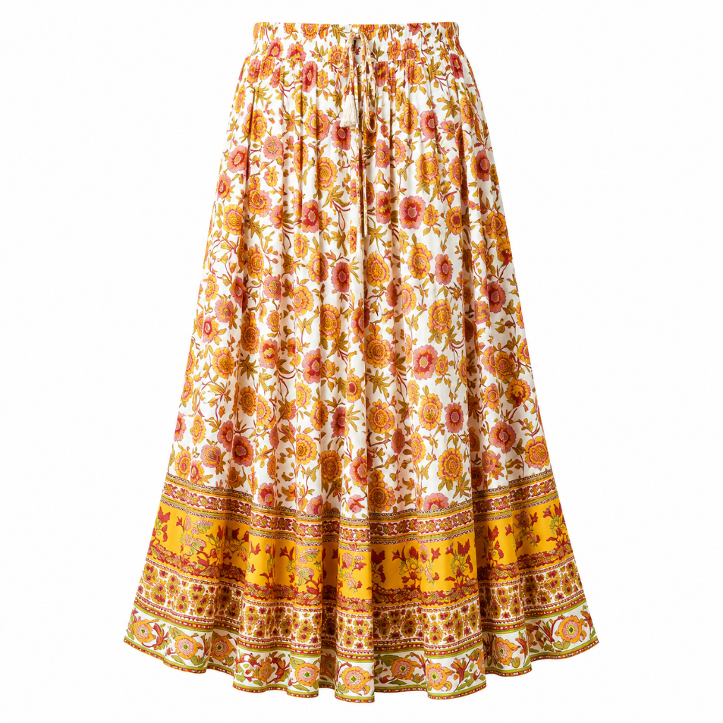 Bohemian floral A-line skirt, high waist, button placket, tiered border hem