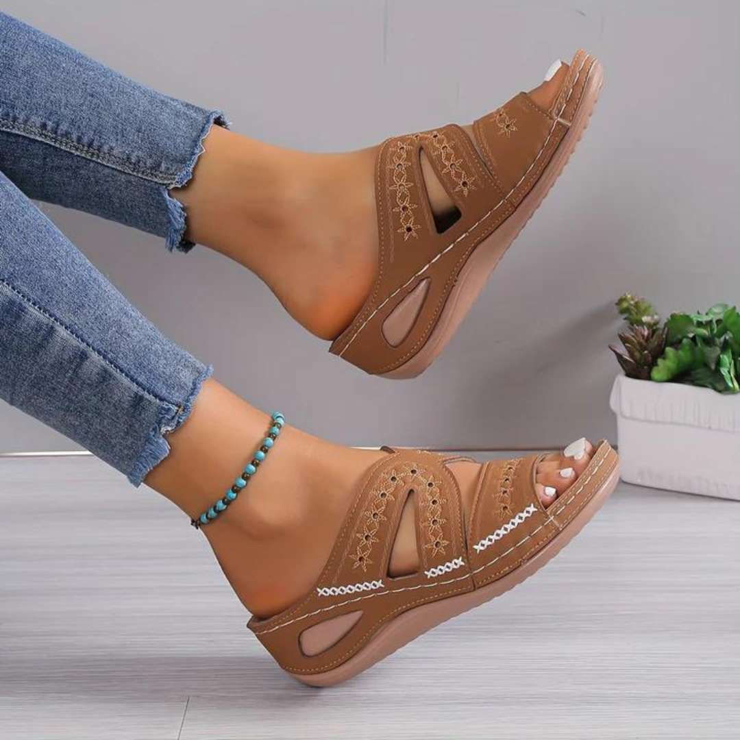 Women's Cutout Wedge Sandals Embroidered Detail Cushioned Footbed Breathable Fit