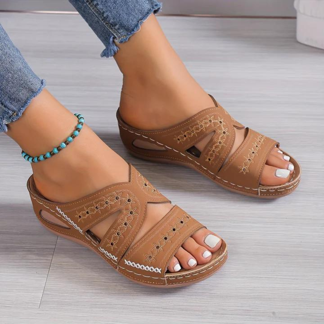 Women's Cutout Wedge Sandals Embroidered Detail Cushioned Footbed Breathable Fit