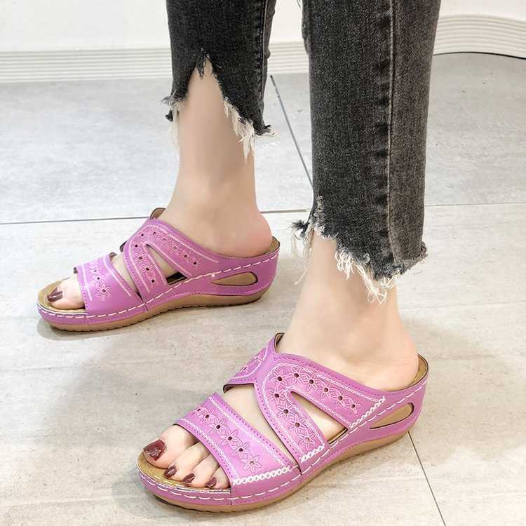 Women’s cutout wedge sandals in bright pink with embroidered paneling and open toe