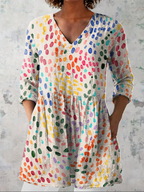 Multicolor V-neck long blouse with 3/4 sleeves, dotted print and gathered waist