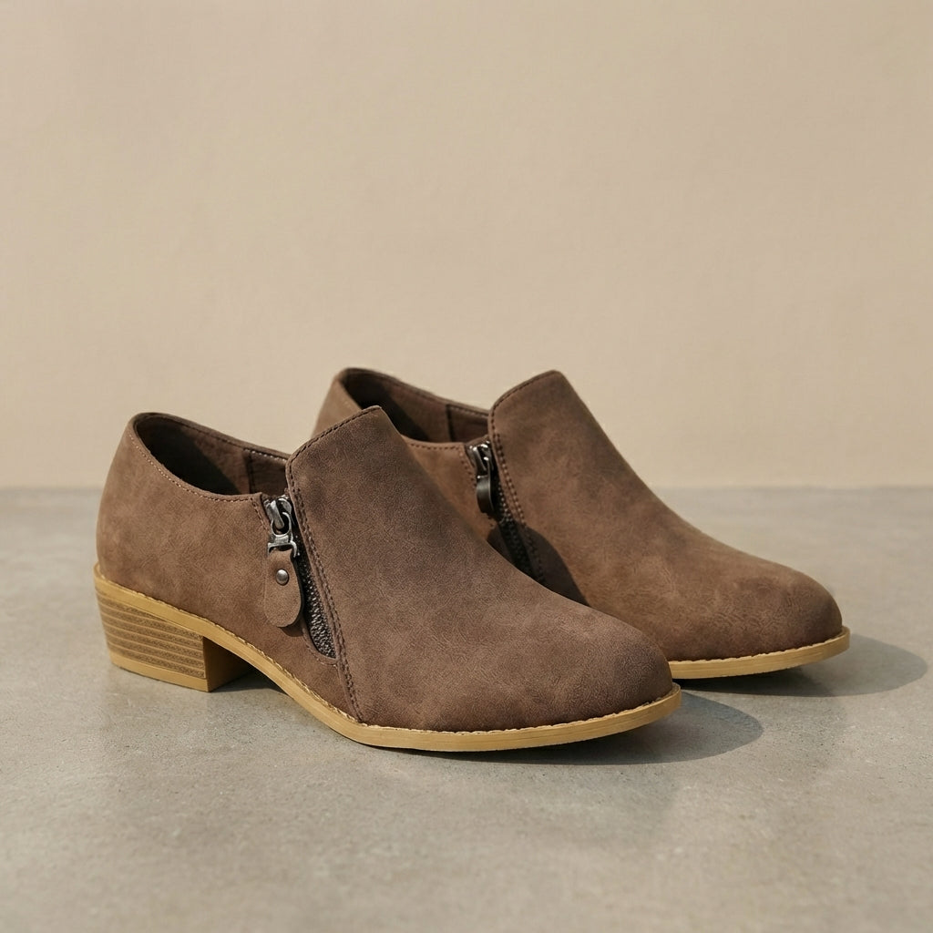 Brown women's ankle boots with side zipper, block heel, suede-like upper