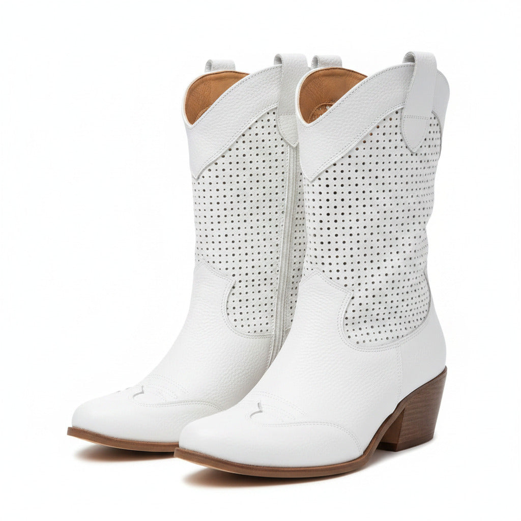 White perforated western ankle boots with side panels and block heel