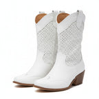 White perforated western ankle boots with side panels and block heel
