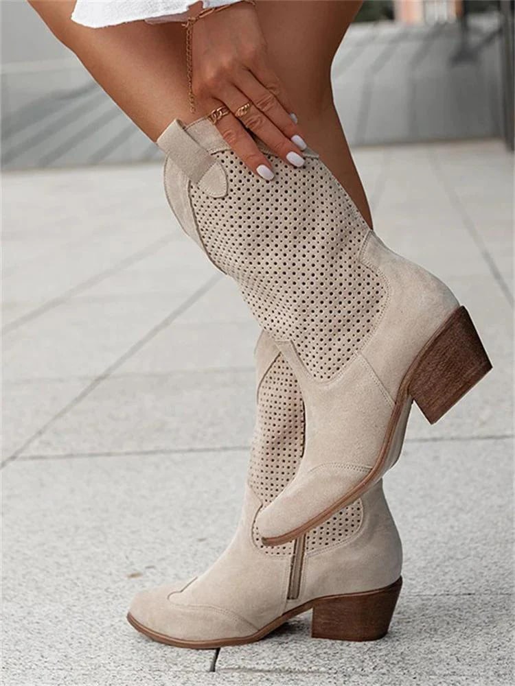 Beige perforated western ankle boots with pull-on sides and block heel