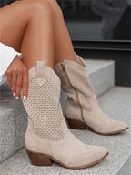 Cream perforated western ankle boots with curved toe and block heel