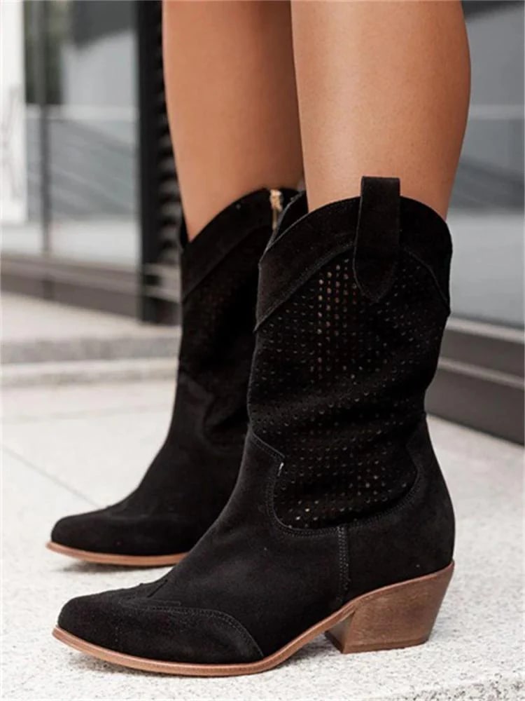 Black perforated western ankle boots with side gore and block heel