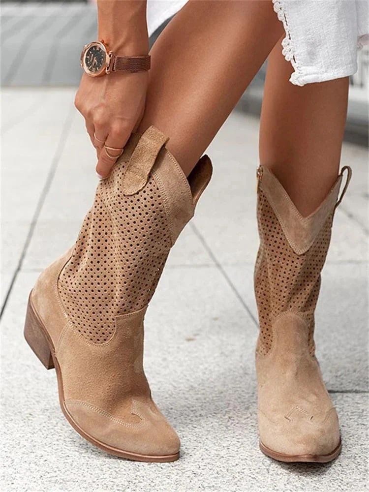 Light tan perforated western ankle boots with side gore and block heel