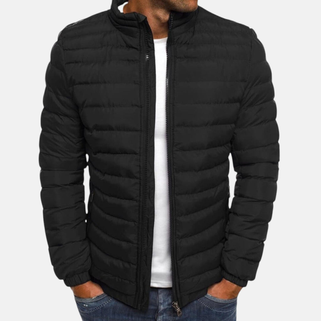 Black quilted puffer jacket with full front zipper and stand collar