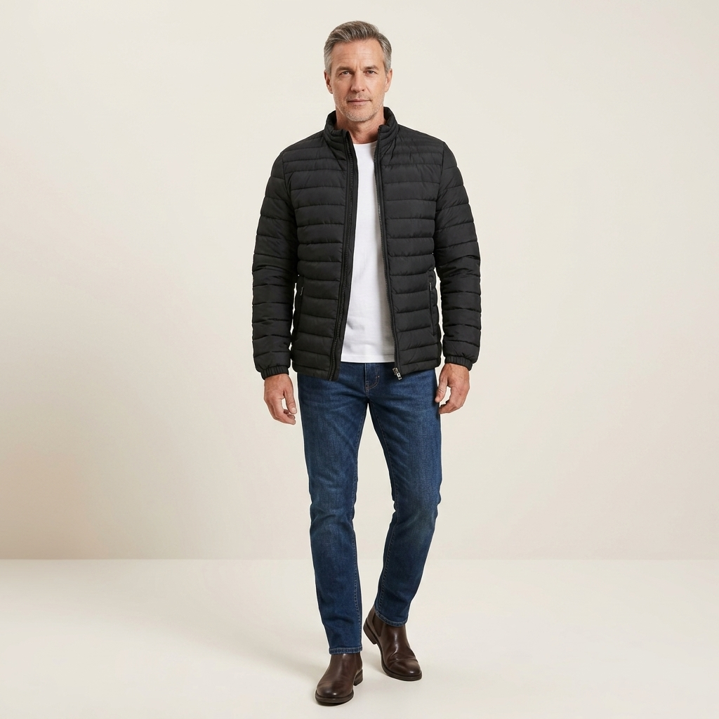 Men's quilted lightweight jacket, black, front zip with stand collar