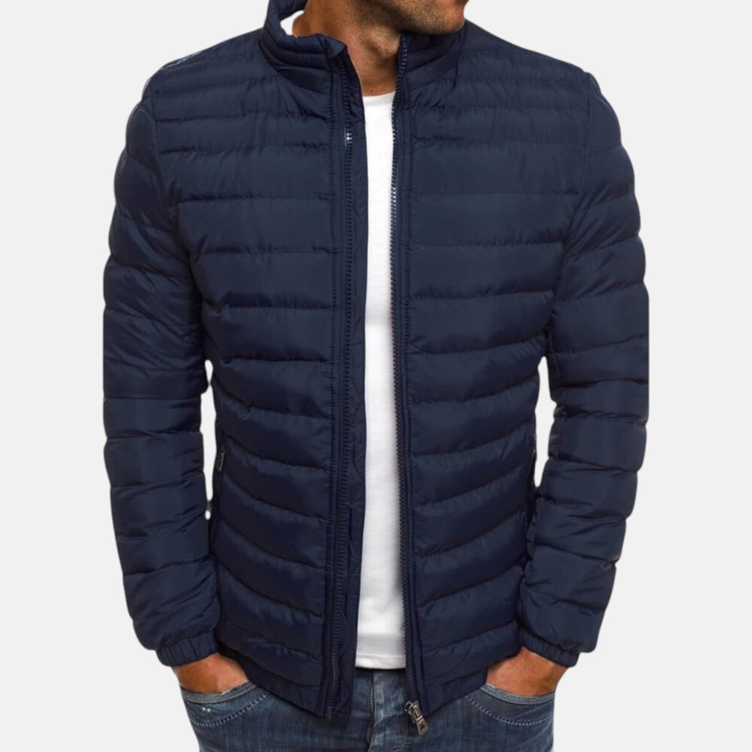 Navy quilted puffer jacket with full front zipper and stand collar