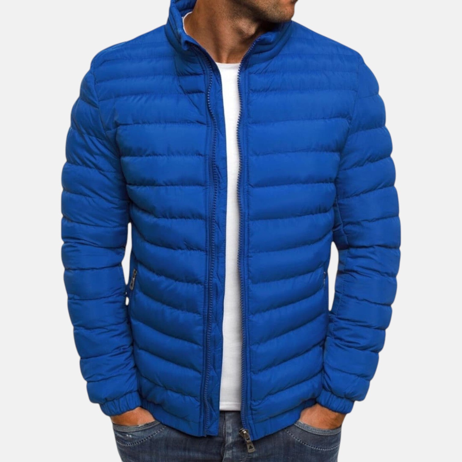 Blue quilted puffer jacket with full front zipper and stand collar