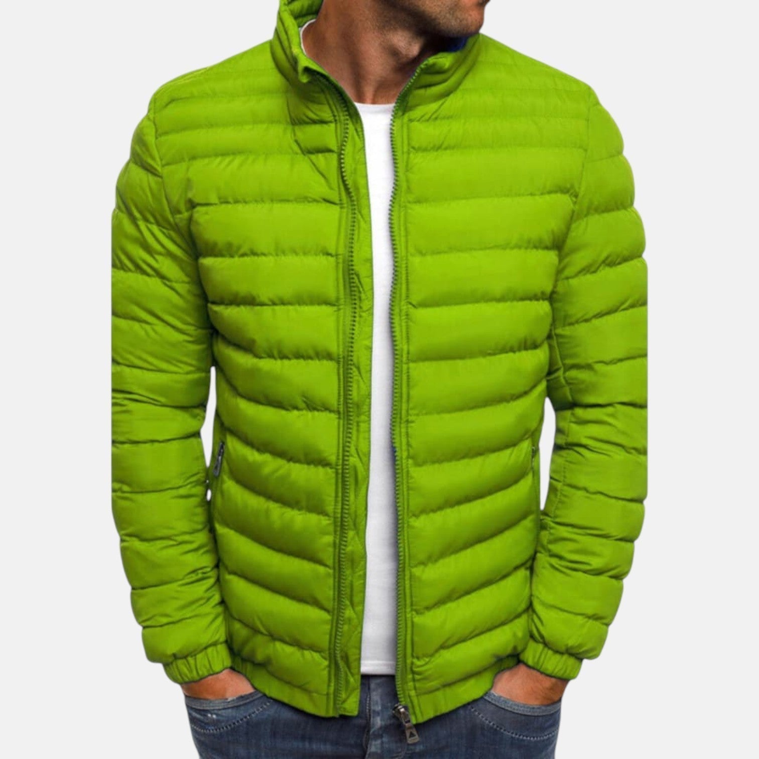 Green quilted puffer jacket with full front zipper and stand collar