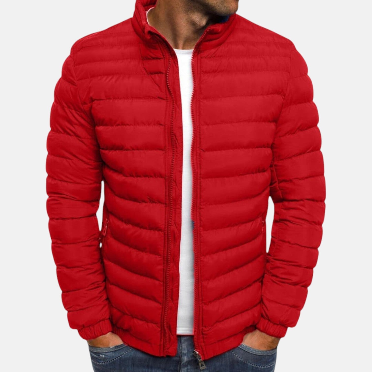 Red quilted puffer jacket with full front zipper and stand collar