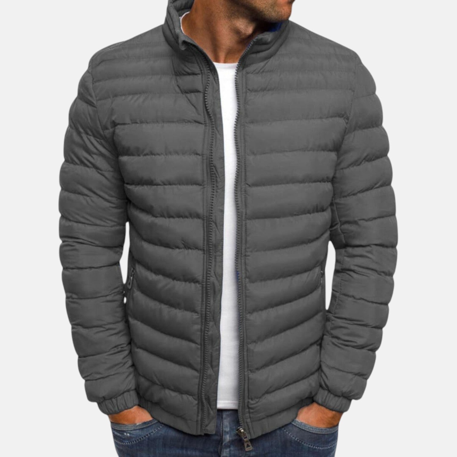 Gray quilted puffer jacket with full front zipper and stand collar