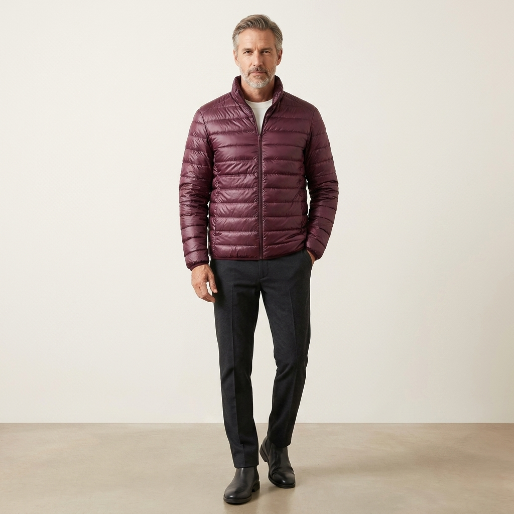 Men's quilted puffer jacket, burgundy, full-zip with stand collar and long sleeves