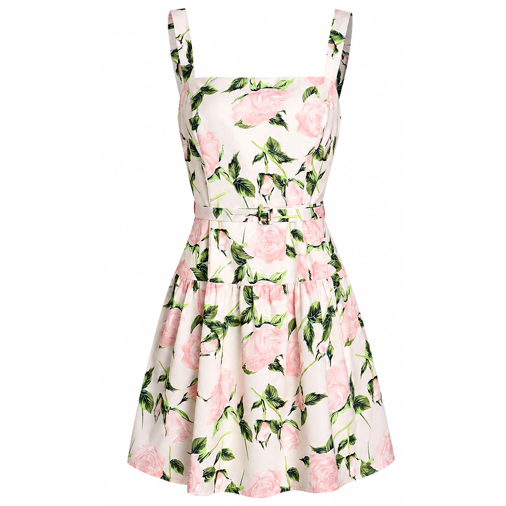 Ruched floral slip mini dress, pink roses and green leaves, belted waist