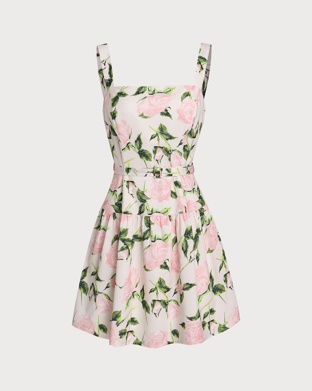 Floral slip mini dress with ruched waist, pink roses and green leaves on white