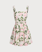 Floral slip mini dress with ruched waist, pink roses and green leaves on white