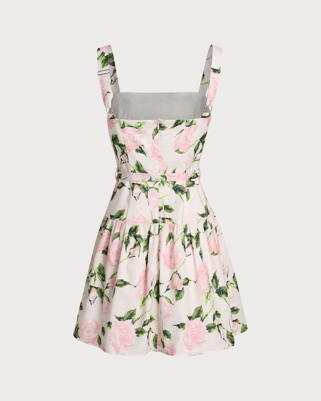 Floral slip mini dress back view, pink roses and green leaves, ruched waist