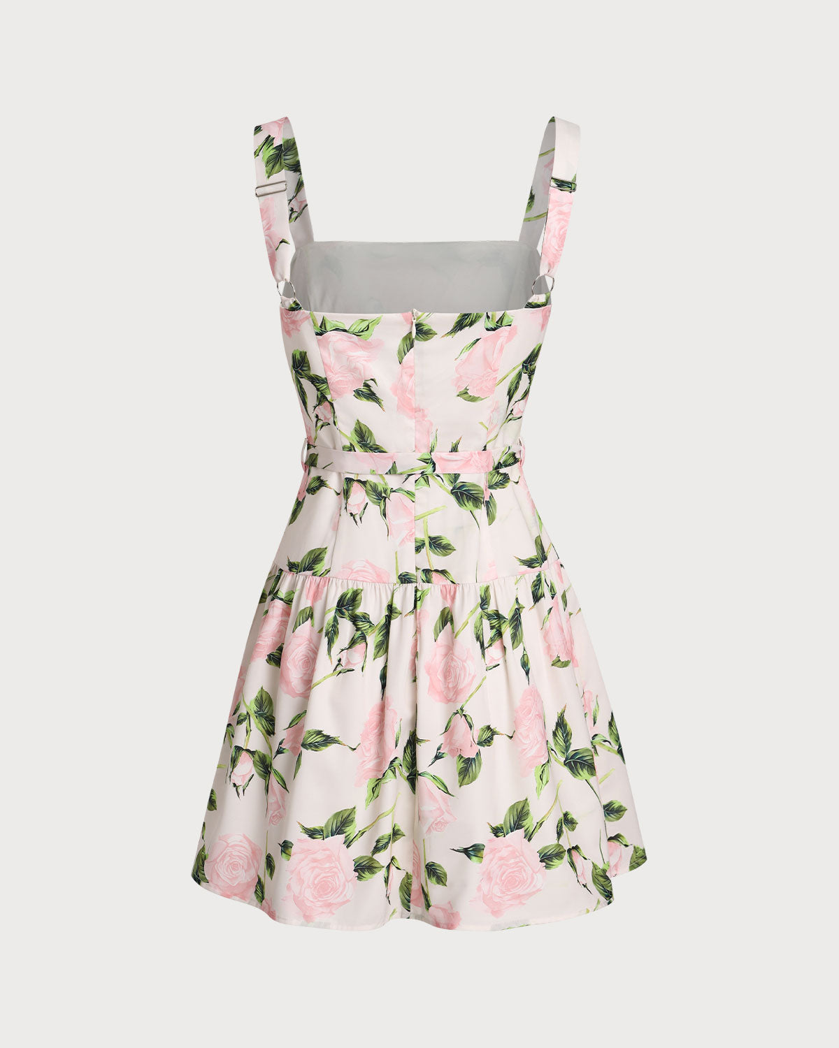 Floral slip mini dress back view, pink roses and green leaves, ruched waist