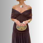 Dark brown off-shoulder draped midi dress with twisted bodice and pleated skirt