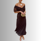 Dark brown off-shoulder draped midi dress, twisted neckline and flowing pleated hem