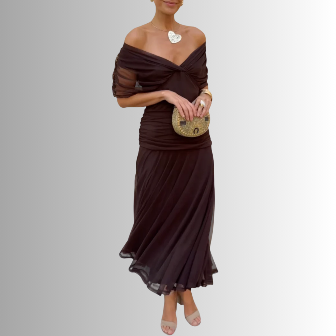 Dark brown off-shoulder draped midi dress, twisted neckline and flowing pleated hem