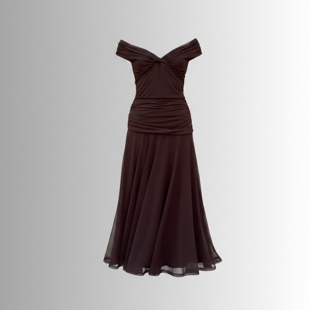 Brown maroon off-shoulder pleated midi dress with draped bodice and V neckline