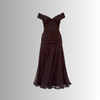 Brown maroon off-shoulder pleated midi dress with draped bodice and V neckline