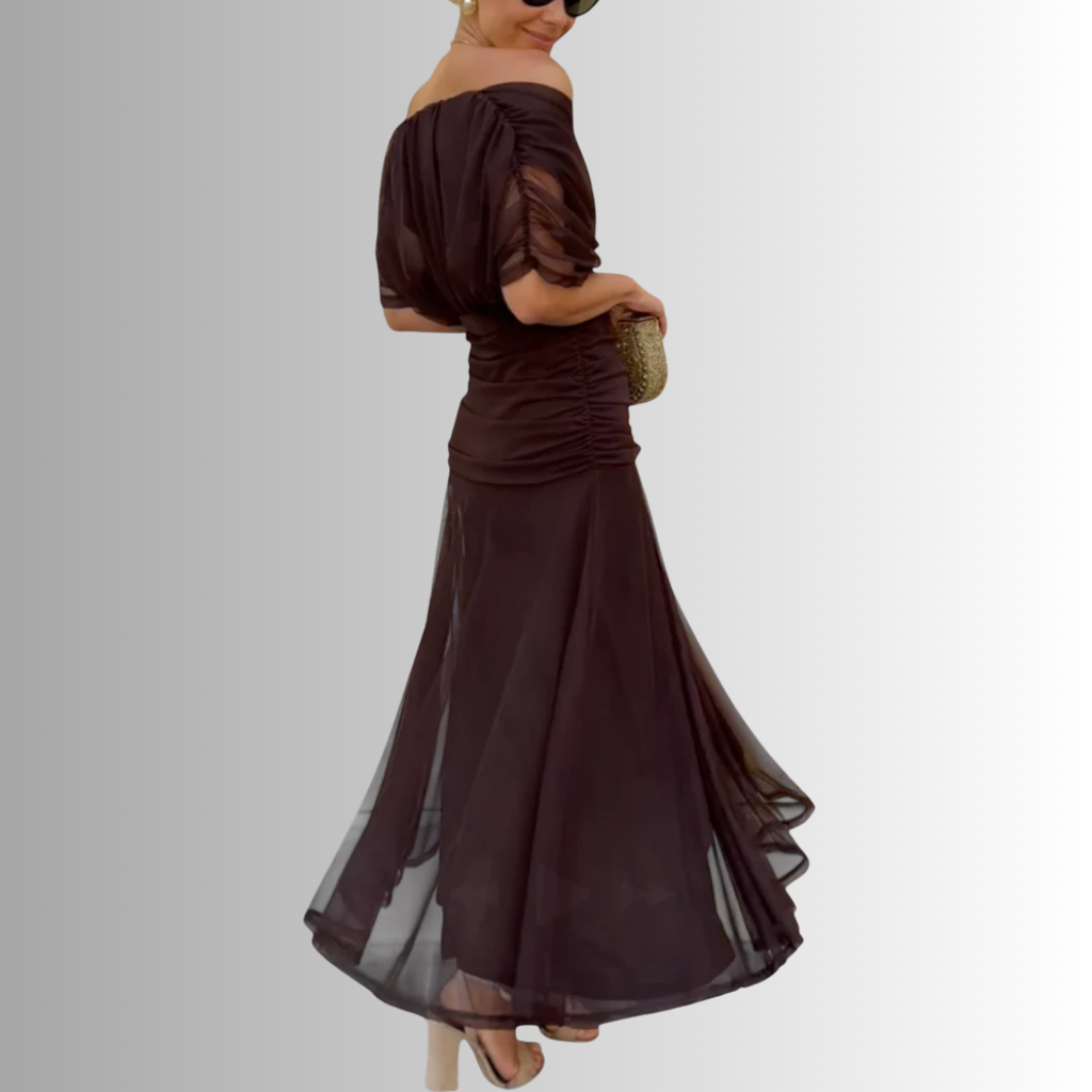 Dark brown off-shoulder midi dress with twisted bodice and tiered pleated tulle skirt