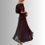 Dark brown off-shoulder midi dress with twisted bodice and tiered pleated tulle skirt