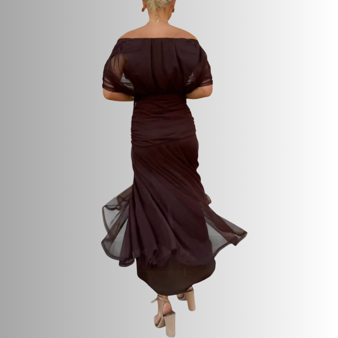 Back view dark brown off-shoulder midi dress with gathered waist and pleated tulle hem