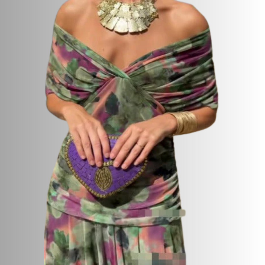 Multicolor off-shoulder draped midi dress with knot front and pleated skirt