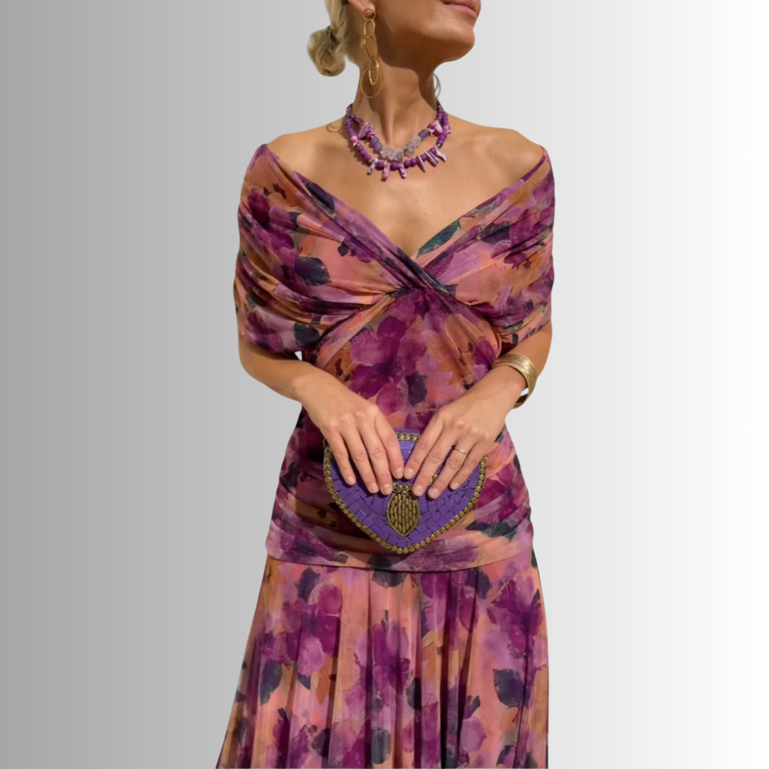 Purple off-shoulder draped midi dress with twisted neckline and pleated skirt