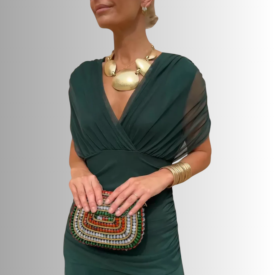 Dark green off-shoulder draped midi dress with twisted bodice and pleated skirt