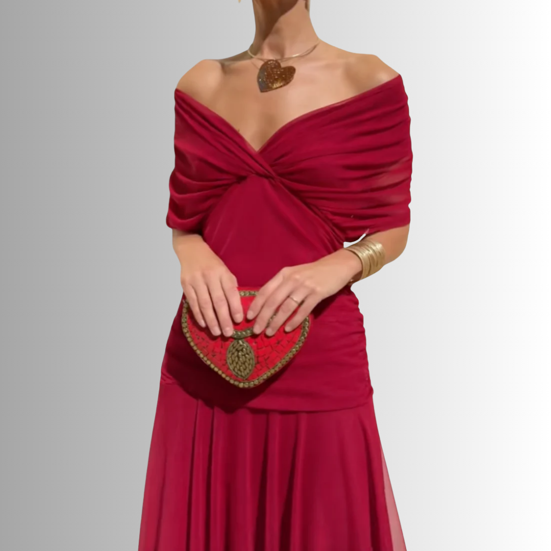 Red off-shoulder draped midi dress with twisted bust and pleated midi skirt