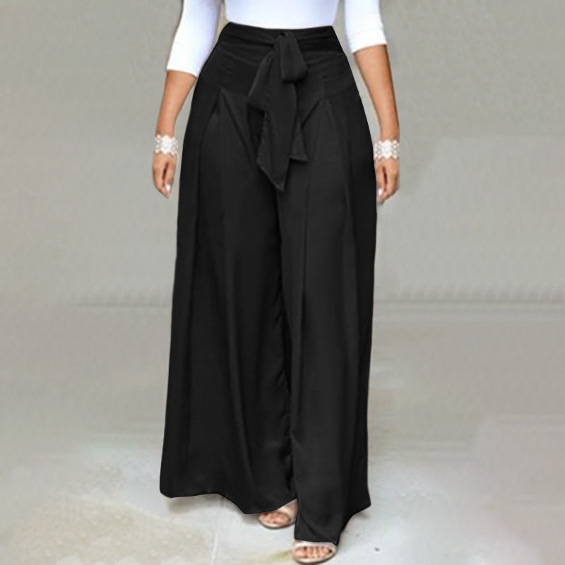High-waisted wide-leg palazzo trousers with front bow detail, black