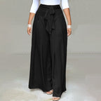 High-waisted wide-leg palazzo trousers with front bow detail, black