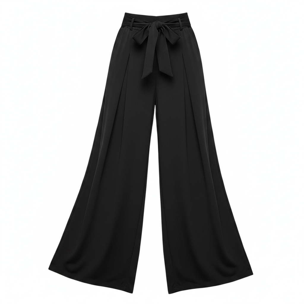 High-waisted wide-leg palazzo trousers with waist bow, black