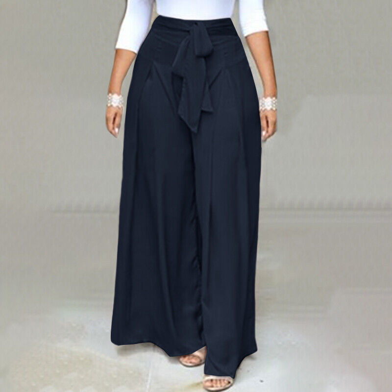 High-waisted wide-leg palazzo trousers with front bow detail, dark navy