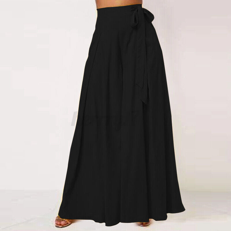 High-waisted wide-leg palazzo trousers with bow at waistband, black