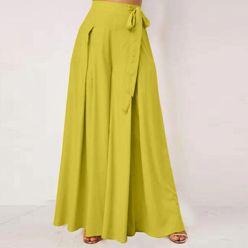 High-waisted wide-leg palazzo trousers with bow detail at waist, yellow