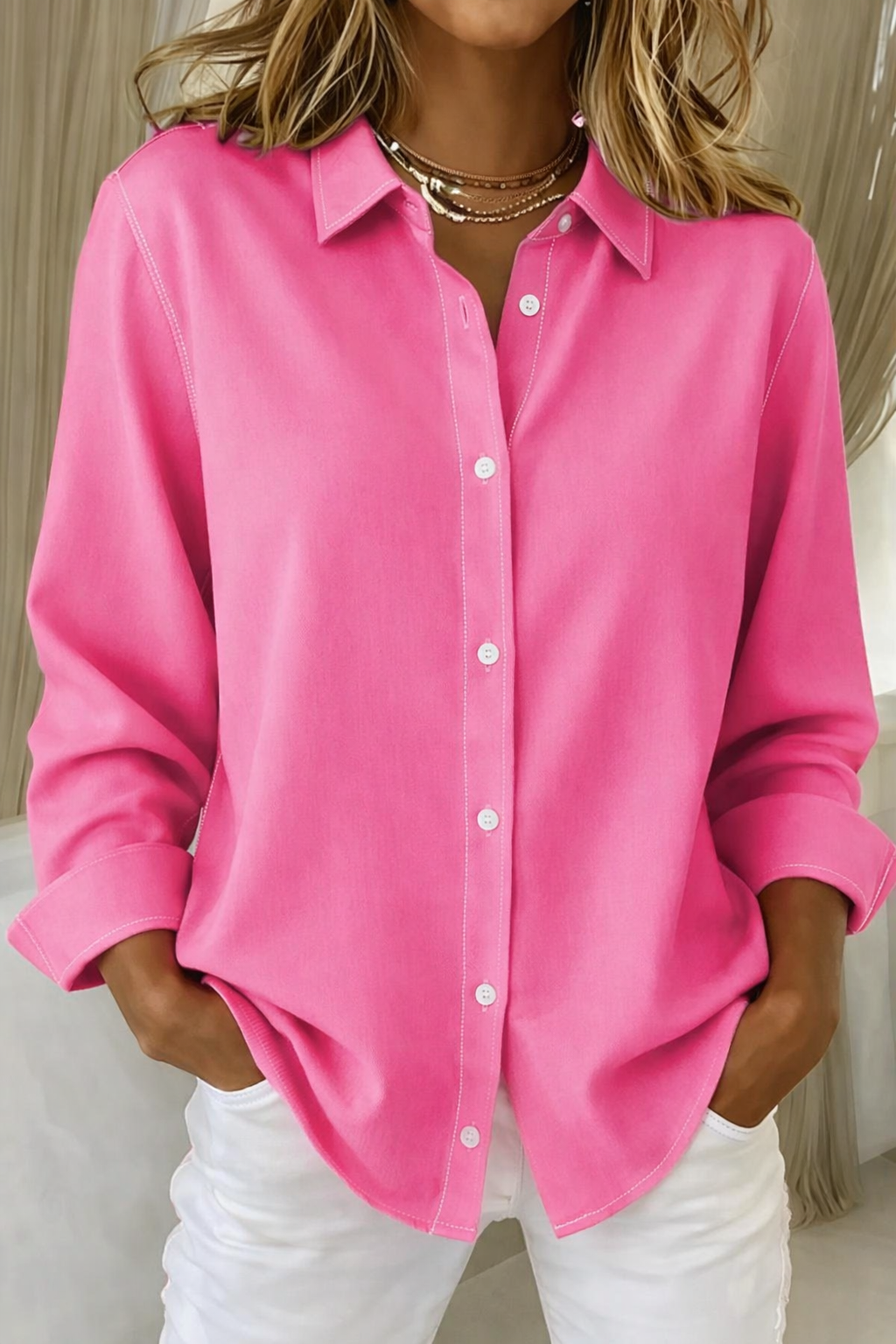 Fuchsia point-collar blouse with button placket and long sleeves, loose fit