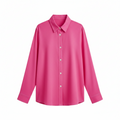 Point-collar button-front blouse in fuchsia pink, long sleeves, loose straight hem