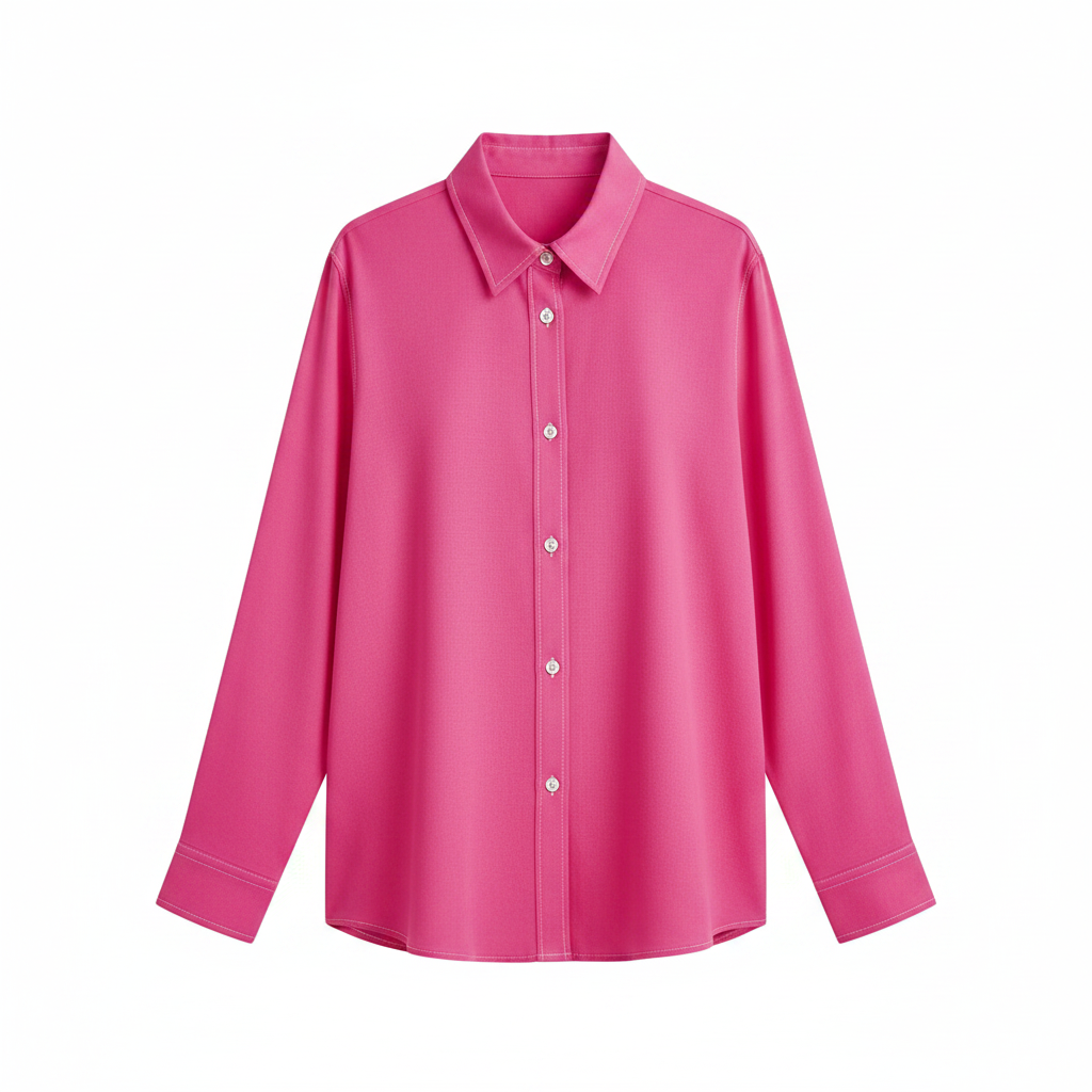Point-collar button-front blouse in fuchsia pink, long sleeves, loose straight hem