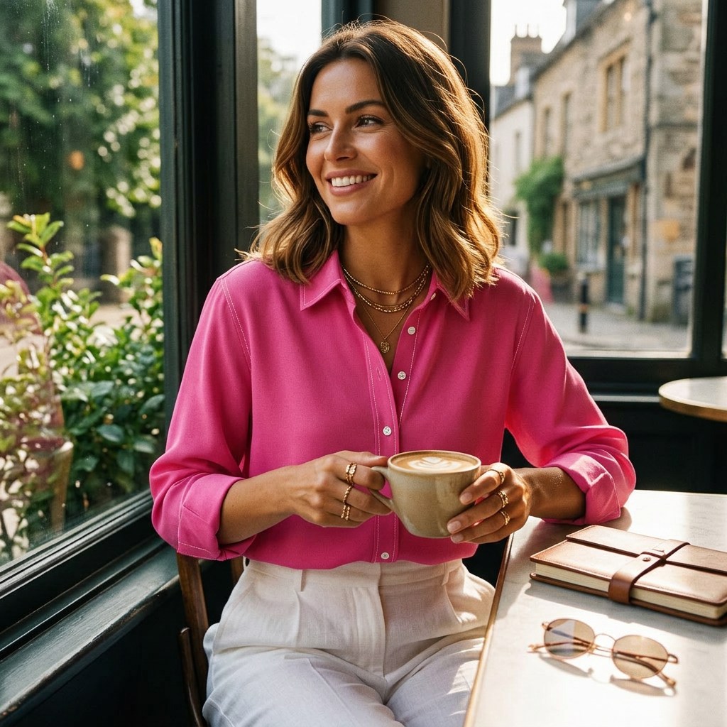 Fuchsia button-front point-collar blouse, long sleeves with cuffs, straight hem